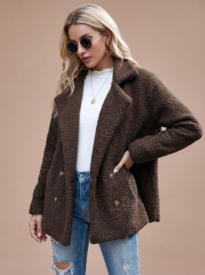 Women's Oversized Teddy Double-Breasted Notched-Lapel Jacket