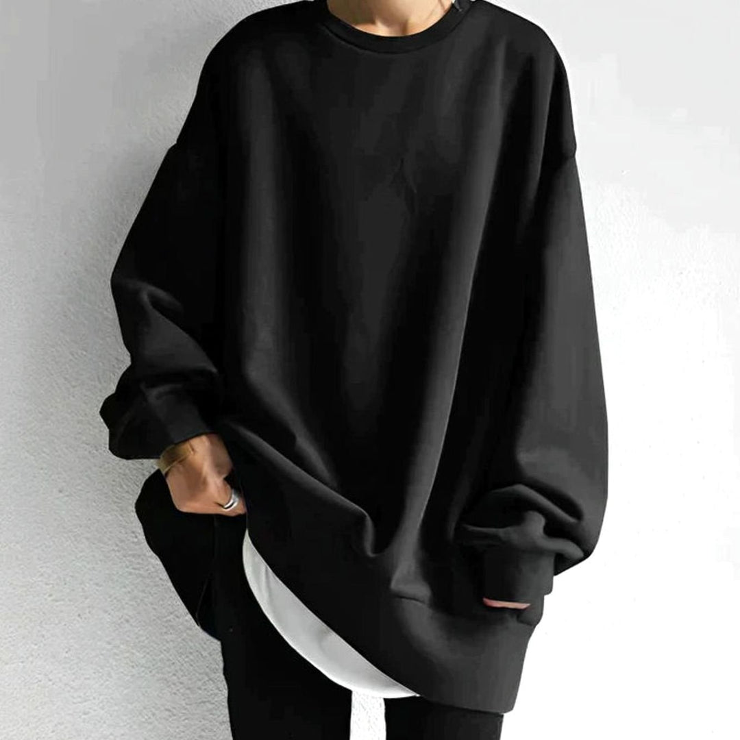 Women's Oversized Tunic Sweater Drop-Shoulder Crewneck Long Sleeve - Black