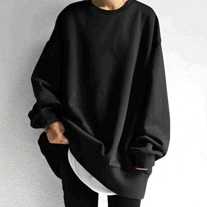 Women's Oversized Tunic Sweater Drop-Shoulder Crewneck Long Sleeve - Black