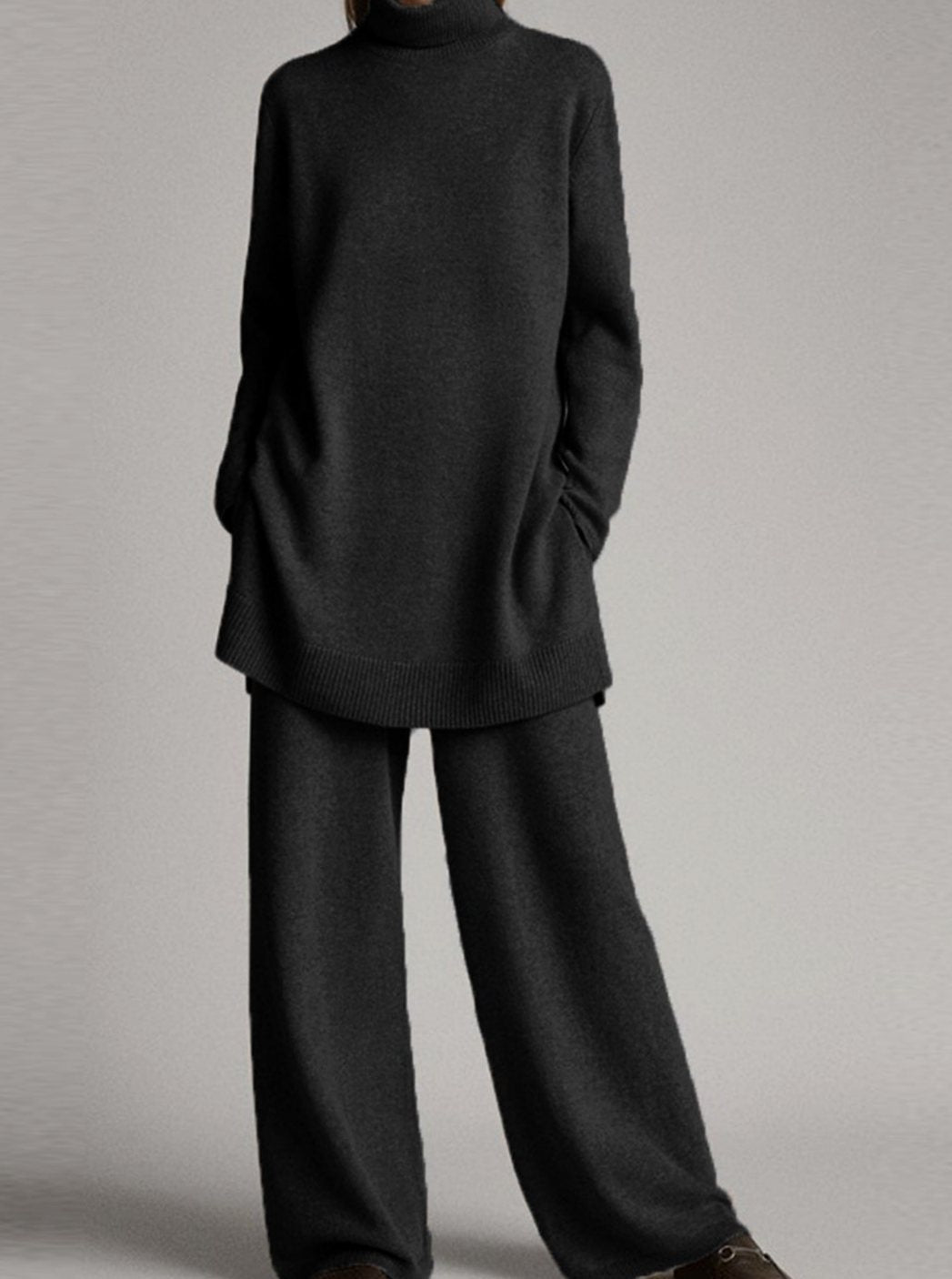 Women's Oversized Turtleneck Knit Lounge Set Wide-Leg Pants - Black