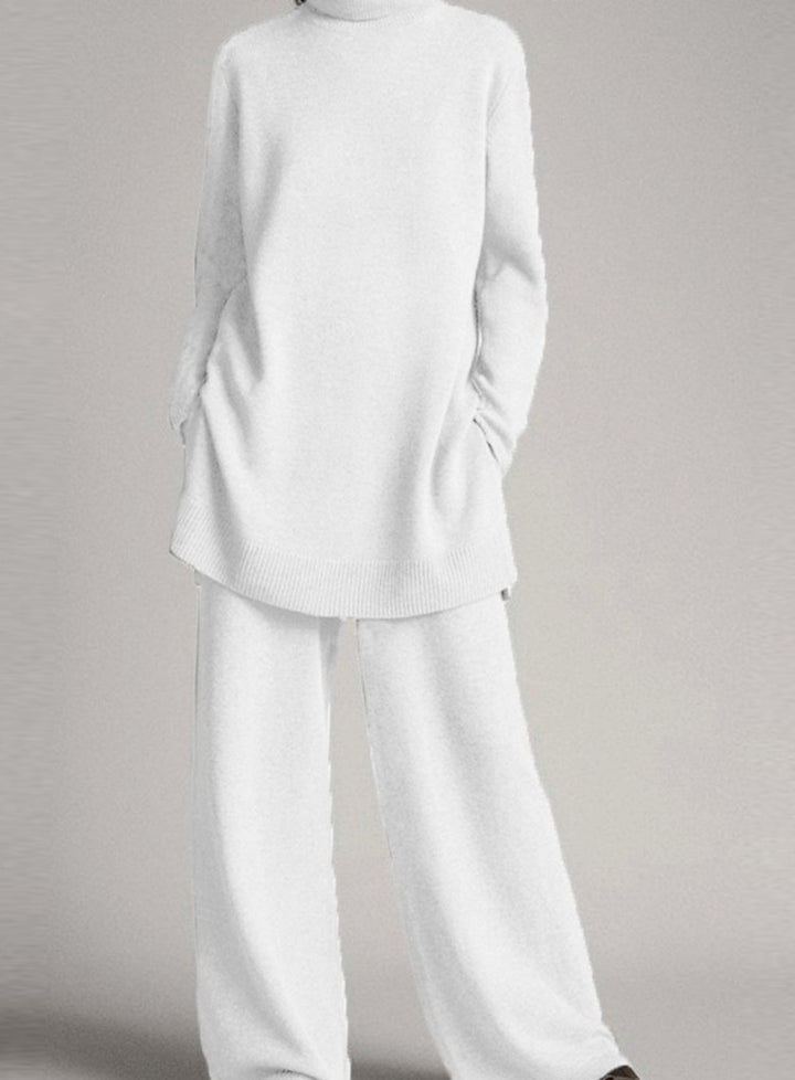 Women's Oversized Turtleneck Knit Lounge Set Wide-Leg Pants - White
