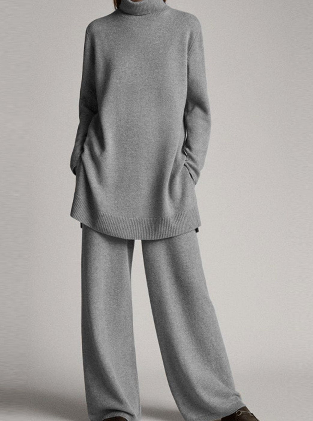 Women's Oversized Turtleneck Knit Lounge Set Wide-Leg Pants - Gray