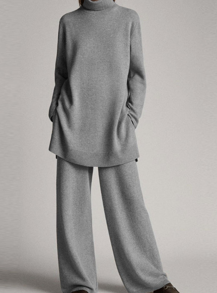 Women's Oversized Turtleneck Knit Lounge Set Wide-Leg Pants - Gray
