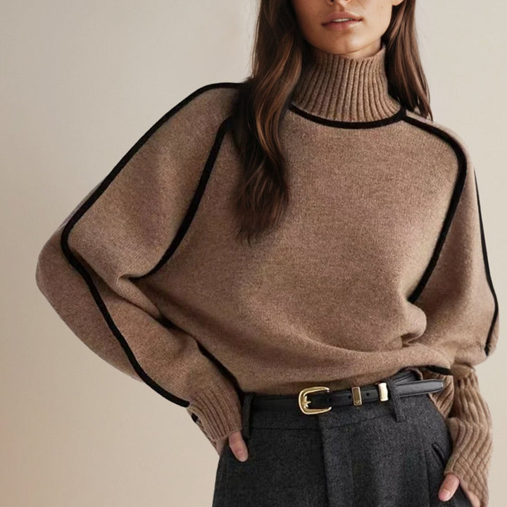 Women's Oversized Turtleneck Sweater Contrast Stripe Knit Pullover - Brown