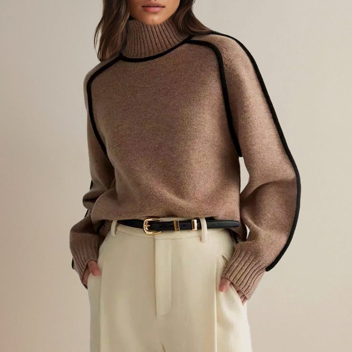 Women's Oversized Turtleneck Sweater Contrast Stripe Knit Pullover