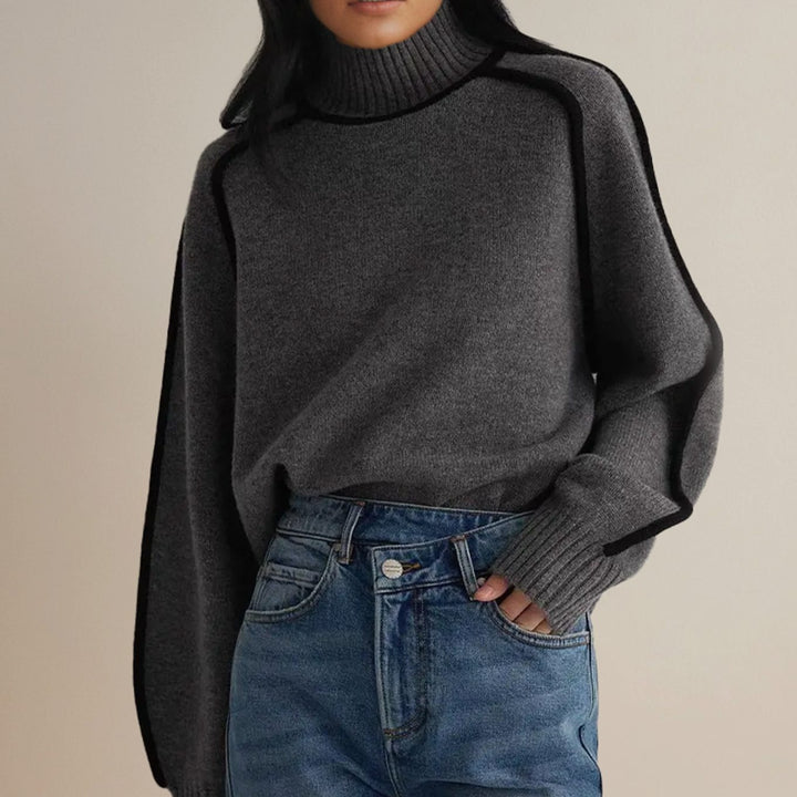 Women's Oversized Turtleneck Sweater Contrast Stripe Knit Pullover - Grey