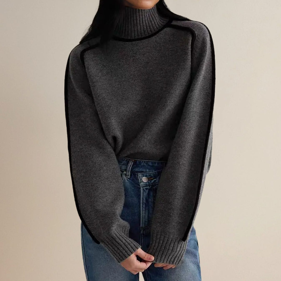 Women's Oversized Turtleneck Sweater Contrast Stripe Knit Pullover