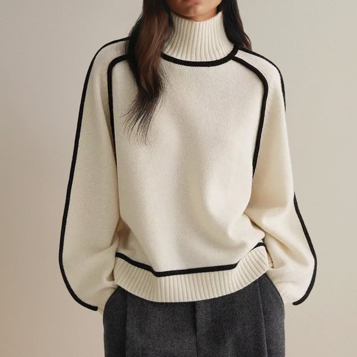 Women's Oversized Turtleneck Sweater Contrast Stripe Knit Pullover - White