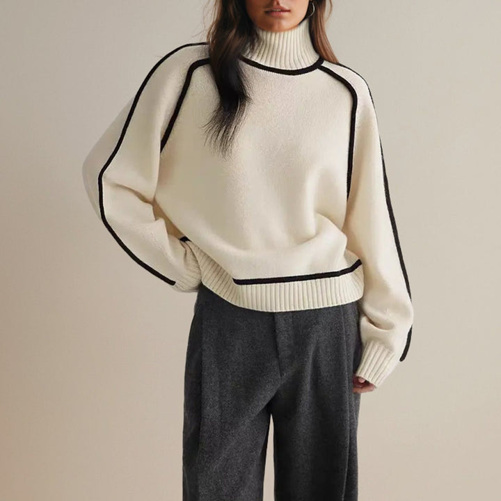 Women's Oversized Turtleneck Sweater Contrast Stripe Knit Pullover