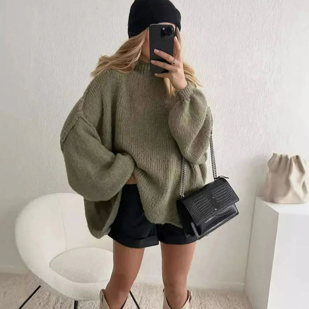Women's Oversized Turtleneck Sweater Cozy Long-Sleeve Knit Pullover - Green