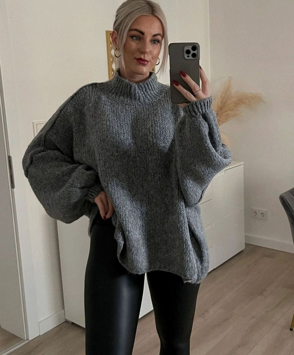 Women's Oversized Turtleneck Sweater Cozy Long-Sleeve Knit Pullover - Dark Grey