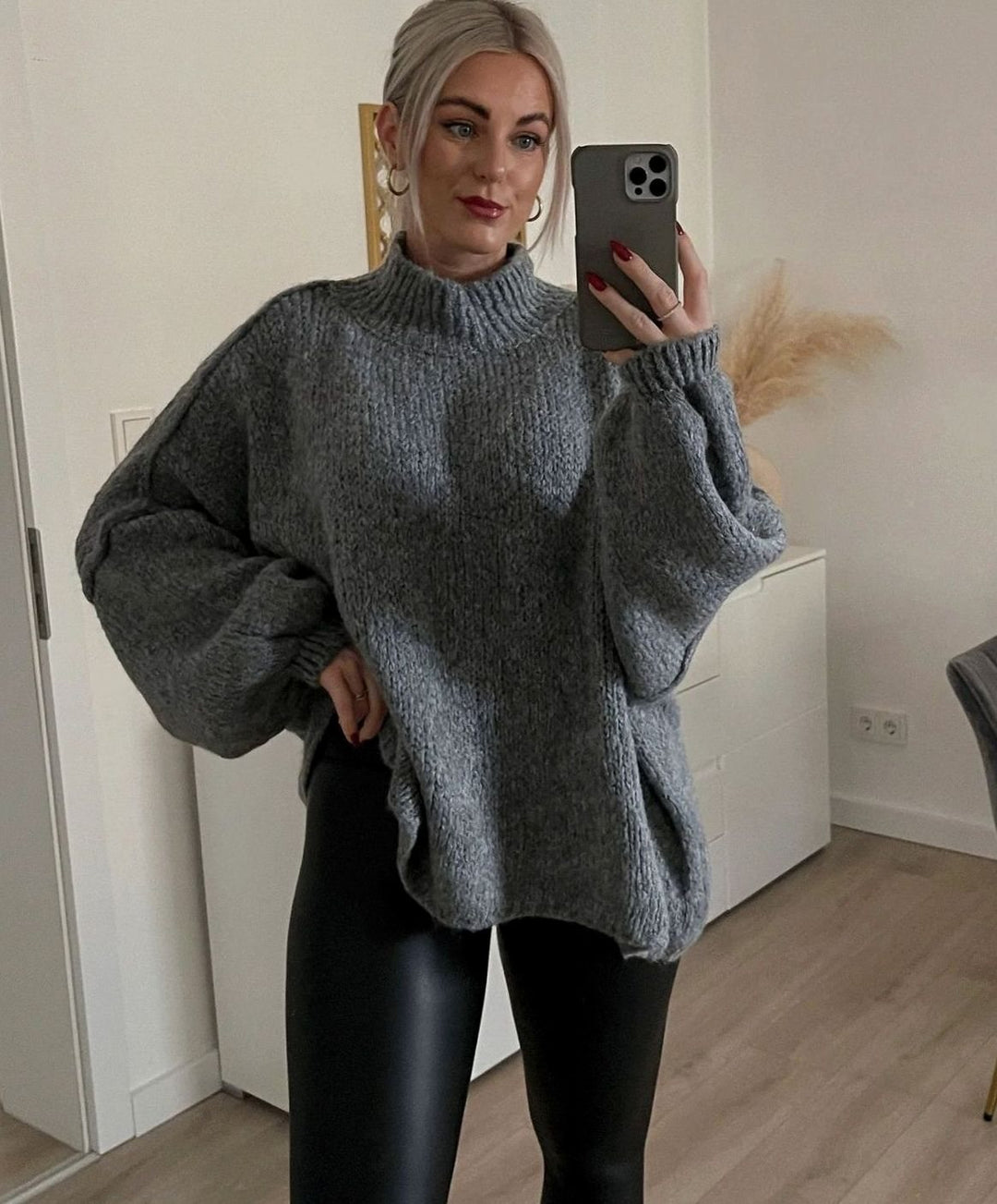 Women's Oversized Turtleneck Sweater Cozy Long-Sleeve Knit Pullover - Dark Grey