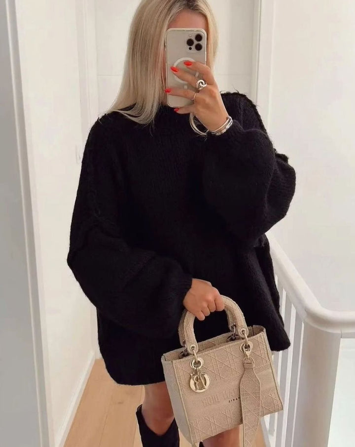 Women's Oversized Turtleneck Sweater Cozy Long-Sleeve Knit Pullover - Black