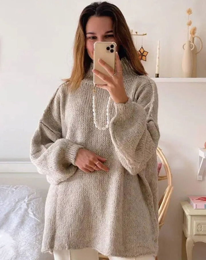 Women's Oversized Turtleneck Sweater Cozy Long-Sleeve Knit Pullover - Khaki