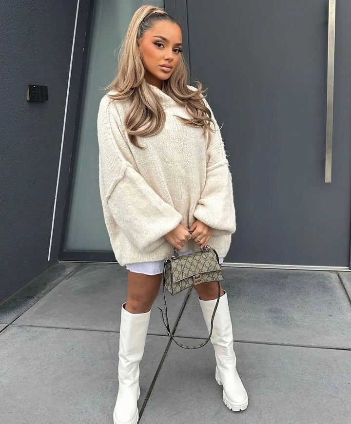 Women's Oversized Turtleneck Sweater Cozy Long-Sleeve Knit Pullover - Apricot