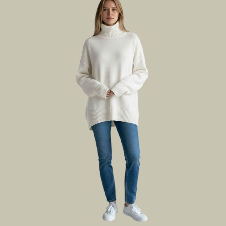 Women's Oversized Turtleneck Sweater Relaxed-Fit Longline Knit Pullover - White