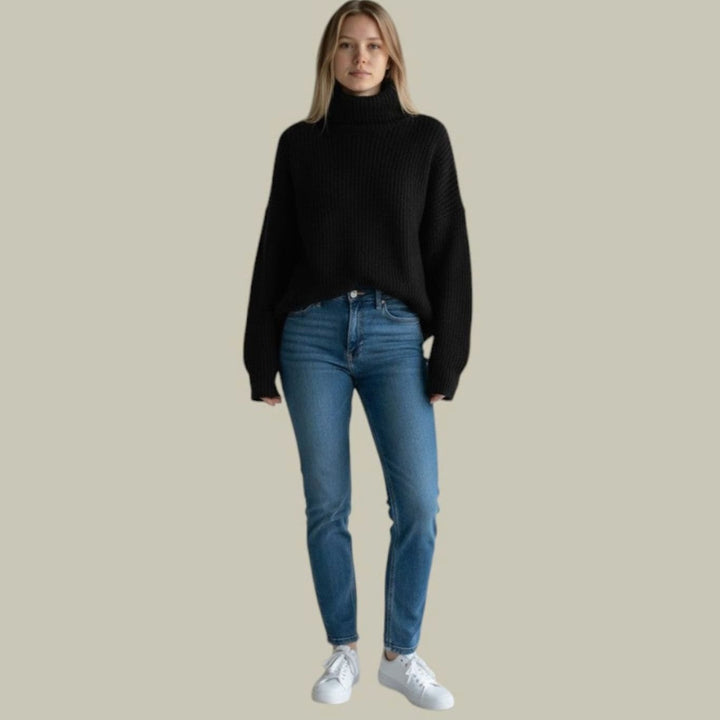 Women's Oversized Turtleneck Sweater Relaxed-Fit Longline Knit Pullover - Black