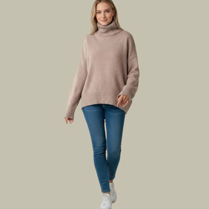 Women's Oversized Turtleneck Sweater Relaxed-Fit Longline Knit Pullover - Beige