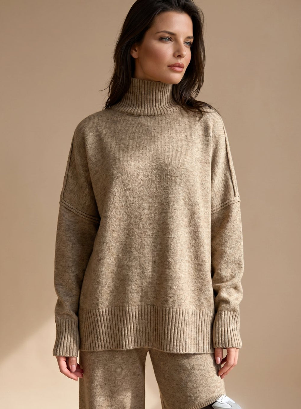Women's Oversized Turtleneck Wide-Leg Knit Lounge Set - Beige