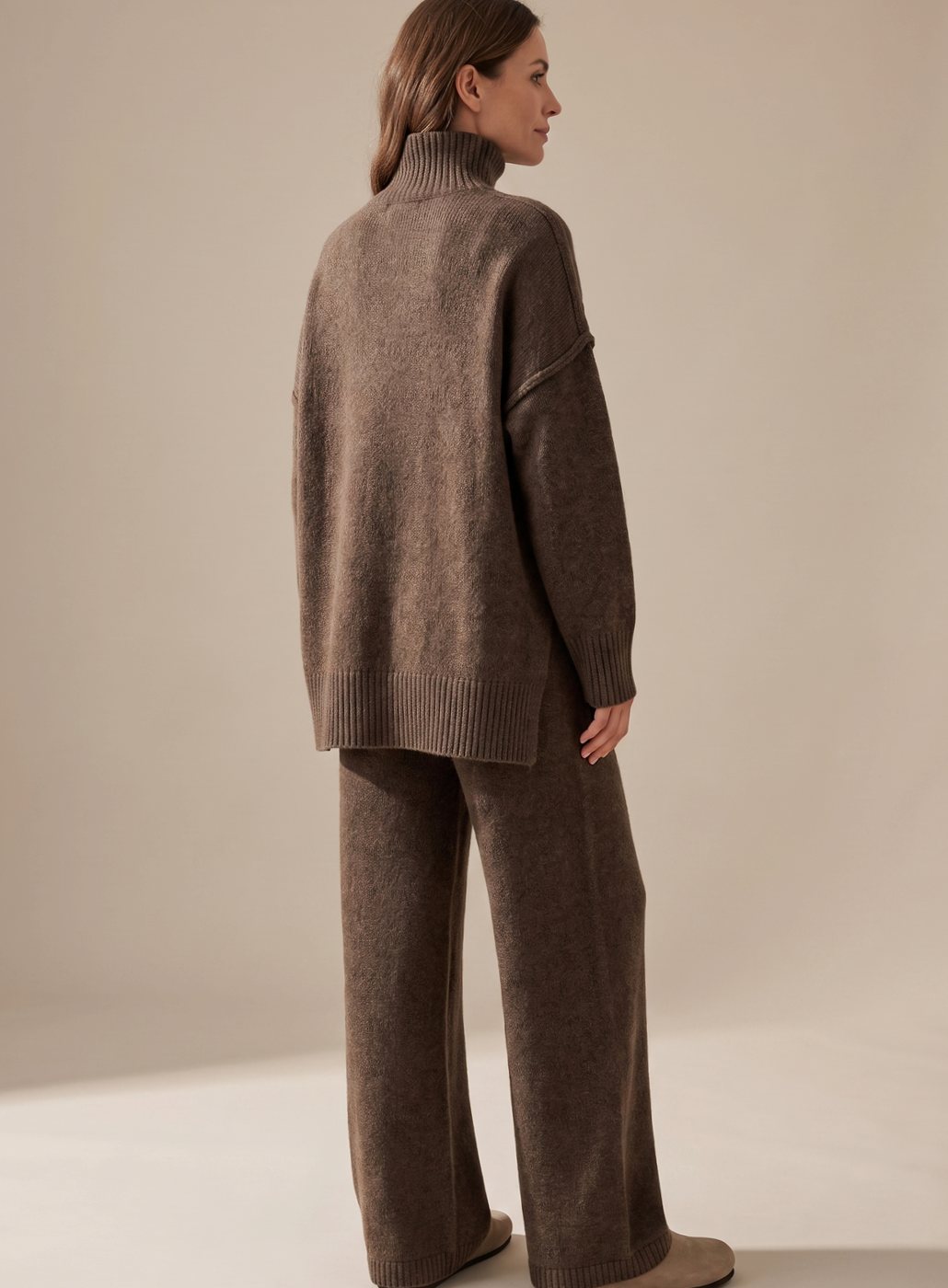 Women's Oversized Turtleneck Wide-Leg Knit Lounge Set - Brown