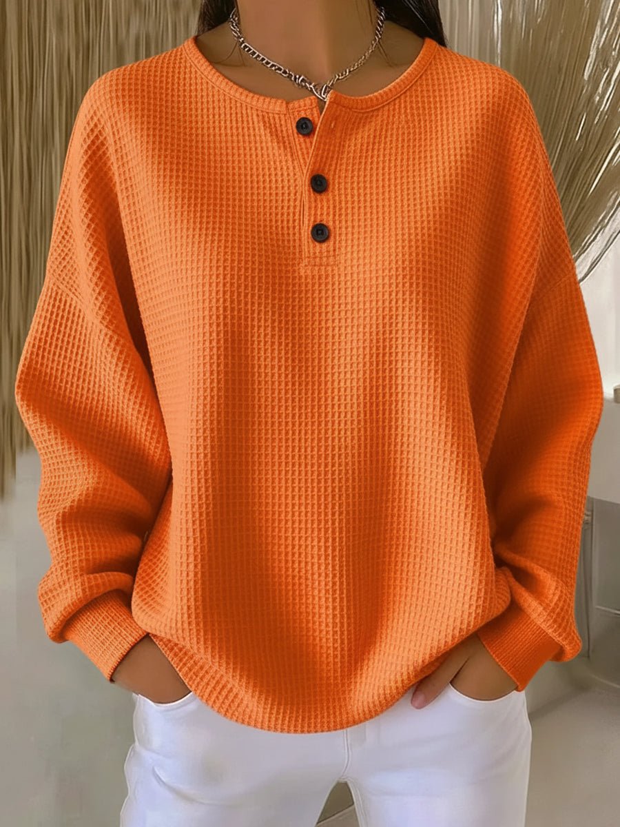 Women's Oversized Waffle Knit Sweater Henley Pullover Top - Orange