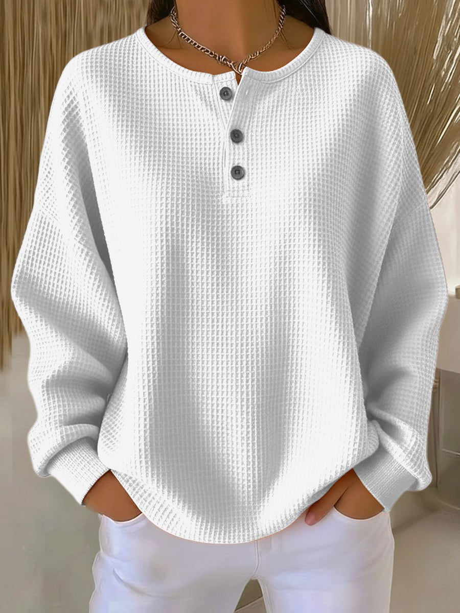 Women's Oversized Waffle Knit Sweater Henley Pullover Top - White