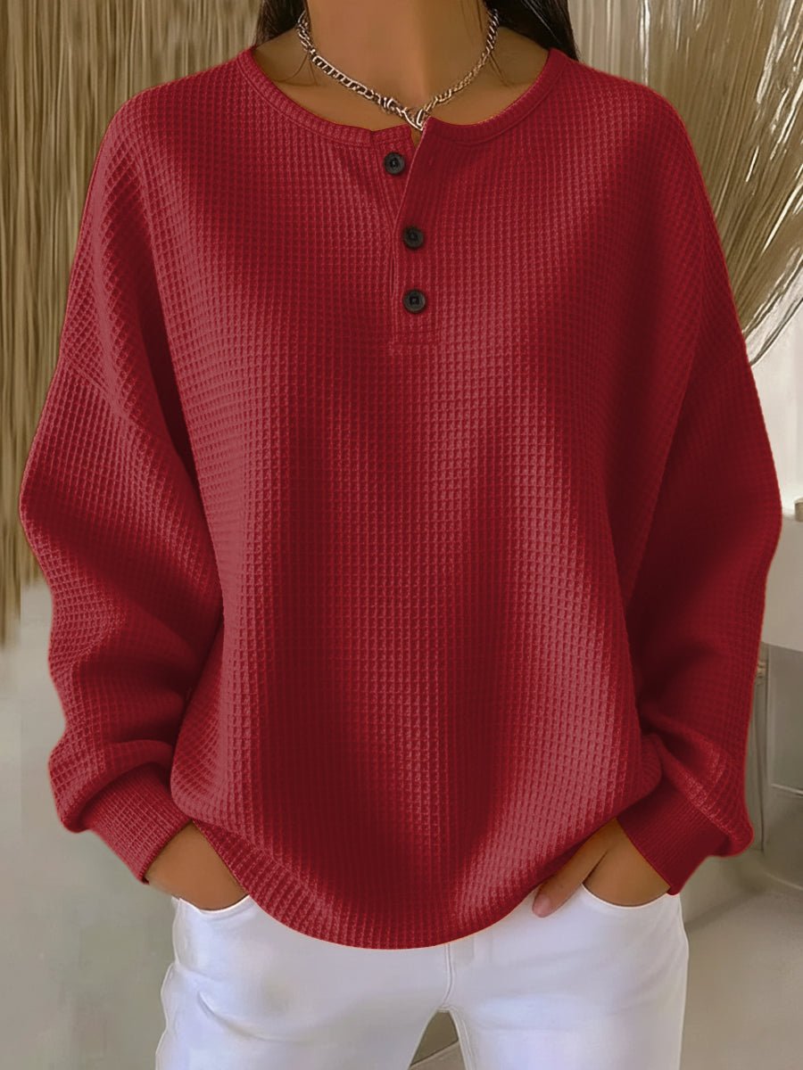 Women's Oversized Waffle Knit Sweater Henley Pullover Top - Red