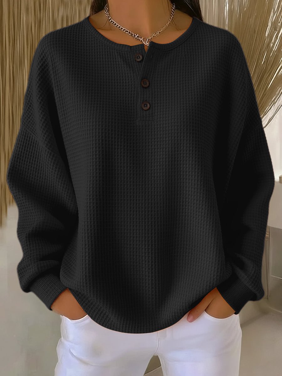 Women's Oversized Waffle Knit Sweater Henley Pullover Top - Black