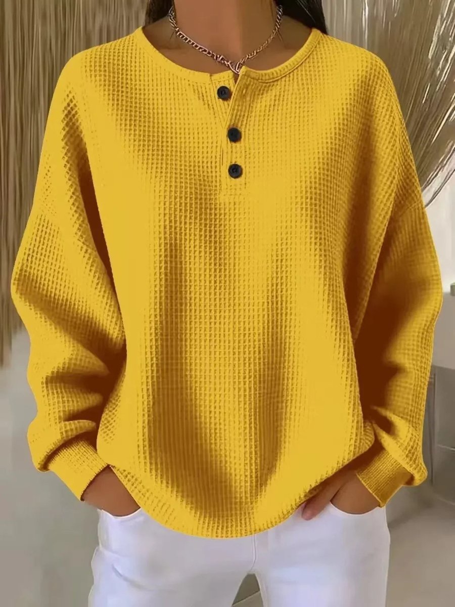 Women's Oversized Waffle Knit Sweater Henley Pullover Top - Yellow