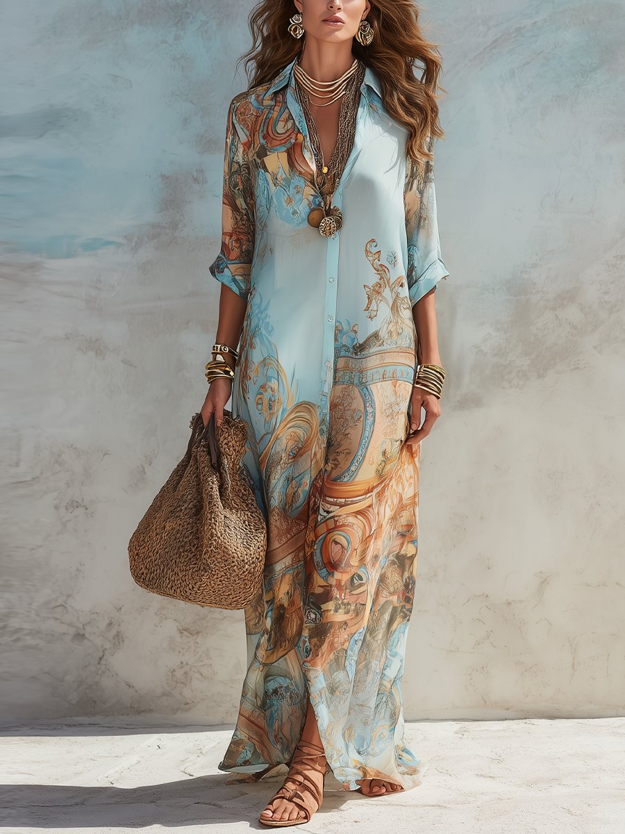 Women's Paisley Print Button-Down Flowy Maxi Dress - Light Blue
