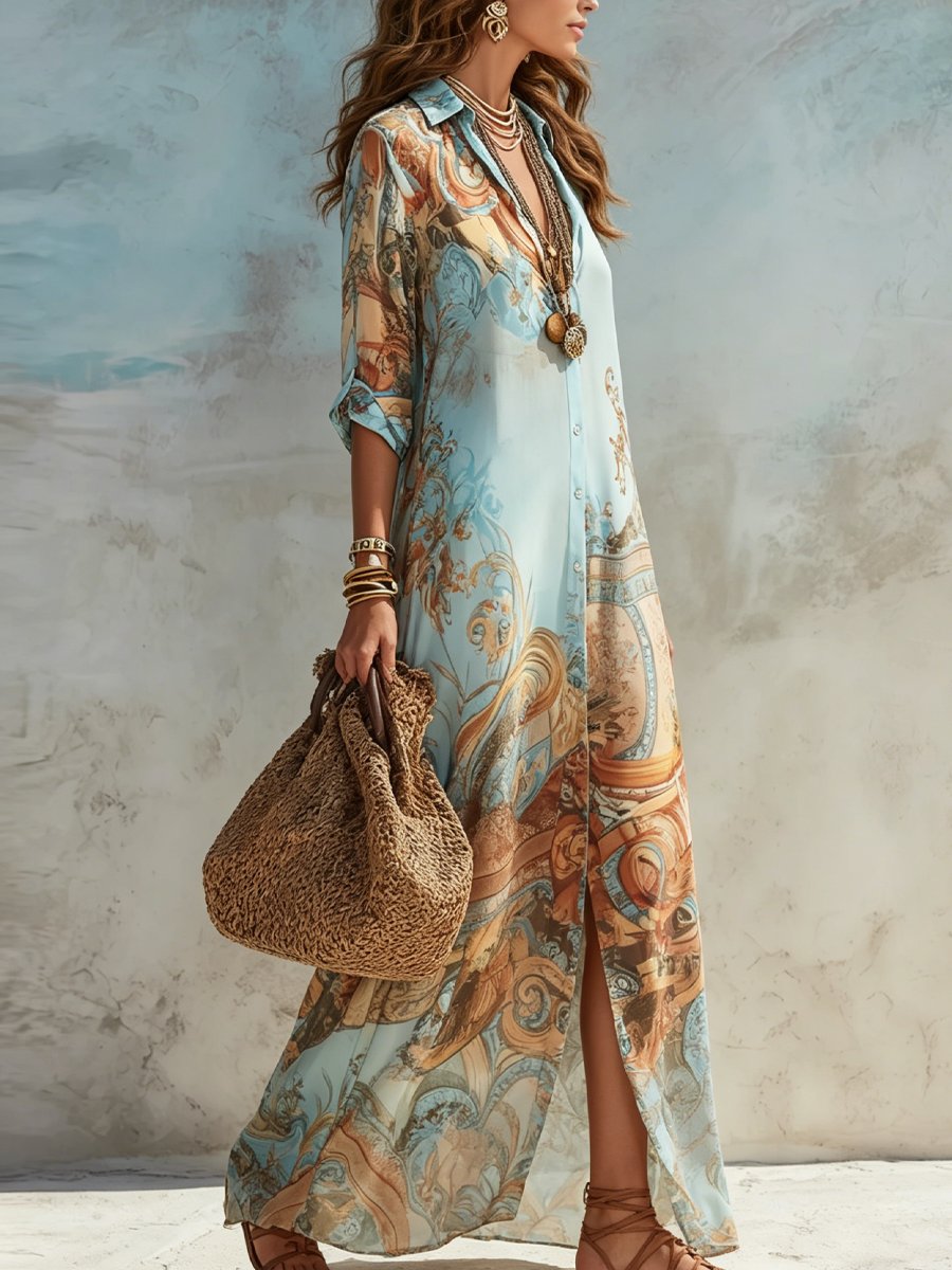 Women's Paisley Print Button-Down Flowy Maxi Dress