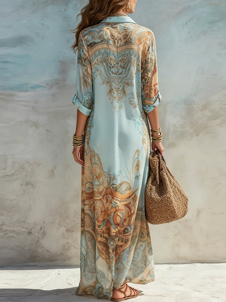 Women's Paisley Print Button-Down Flowy Maxi Dress