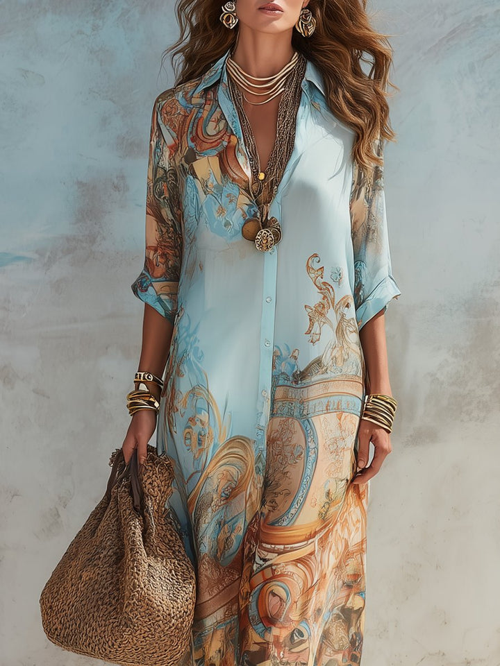 Women's Paisley Print Button-Down Flowy Maxi Dress