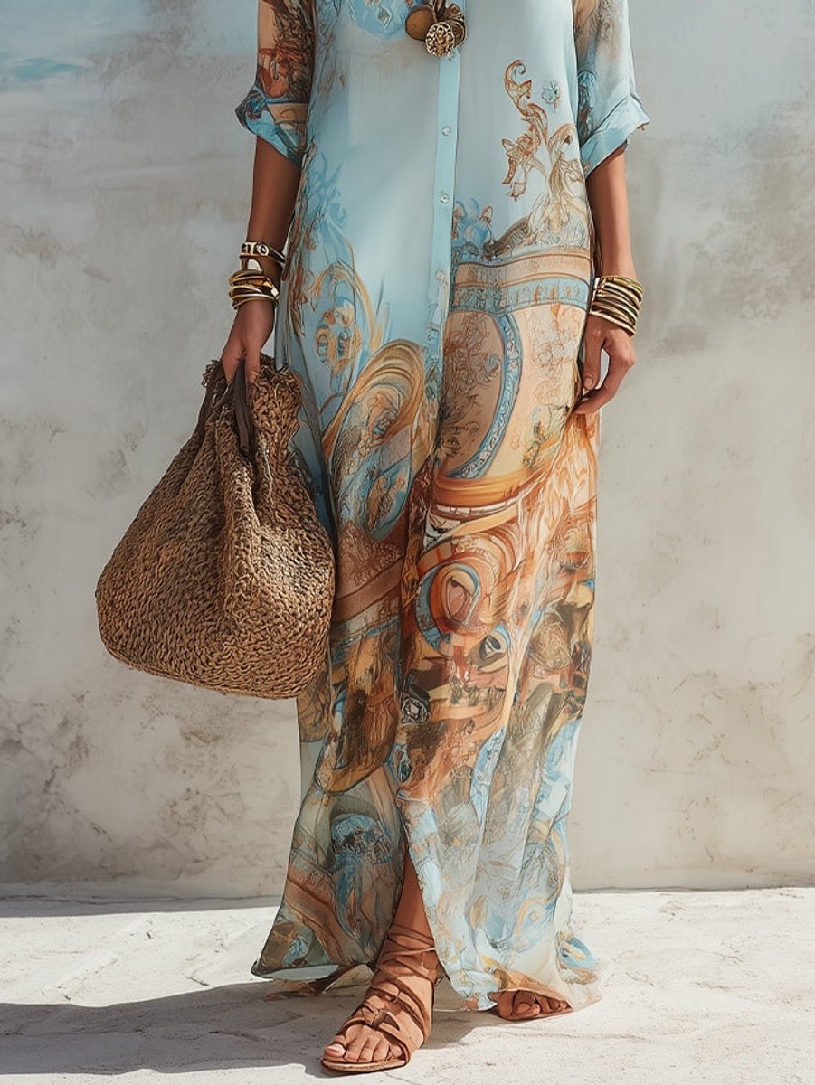 Women's Paisley Print Button-Down Flowy Maxi Dress