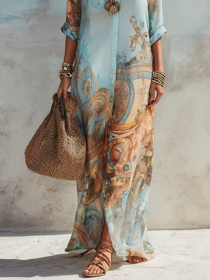 Women's Paisley Print Button-Down Flowy Maxi Dress