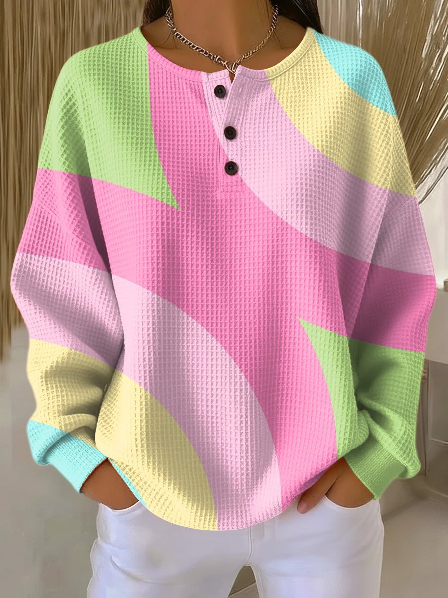 Women's Pastel Color-Block Waffle-Knit Henley Pullover Sweater - Light Pink