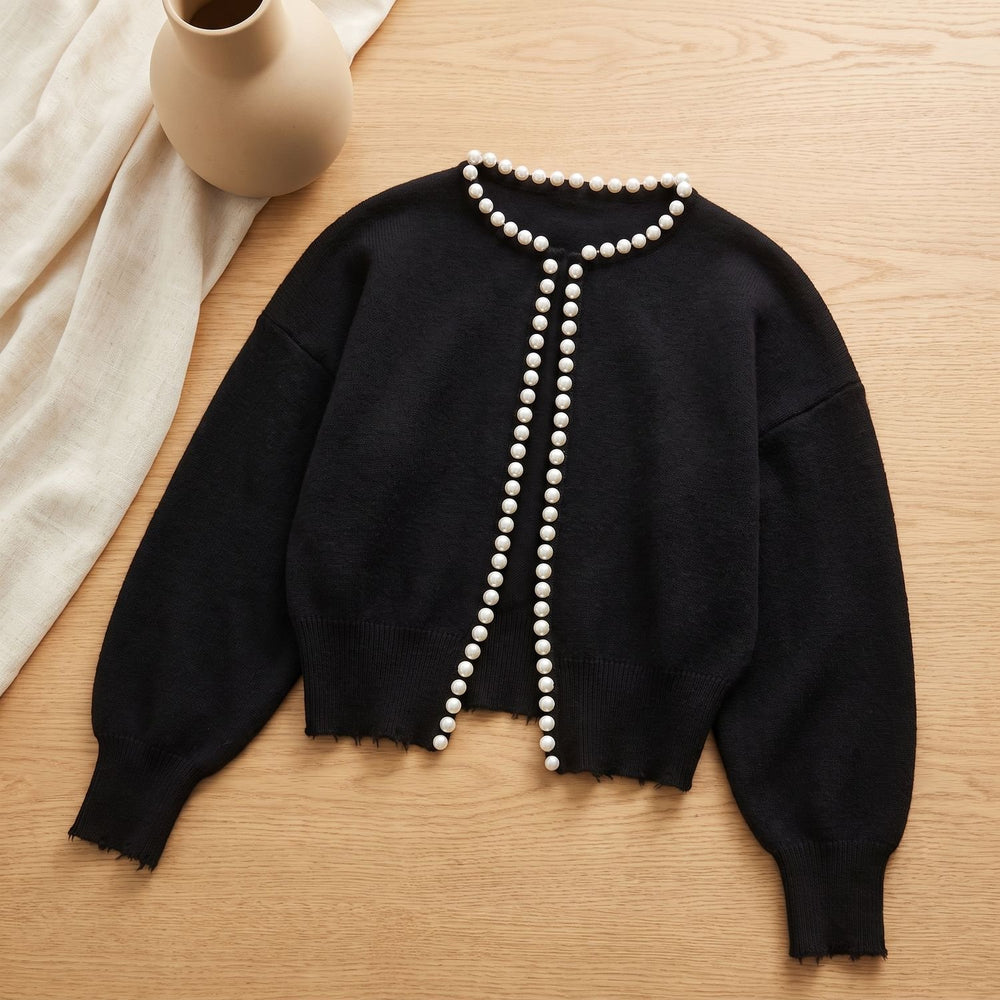 Women's Pearl-Trim Cropped Knit Cardigan - Black