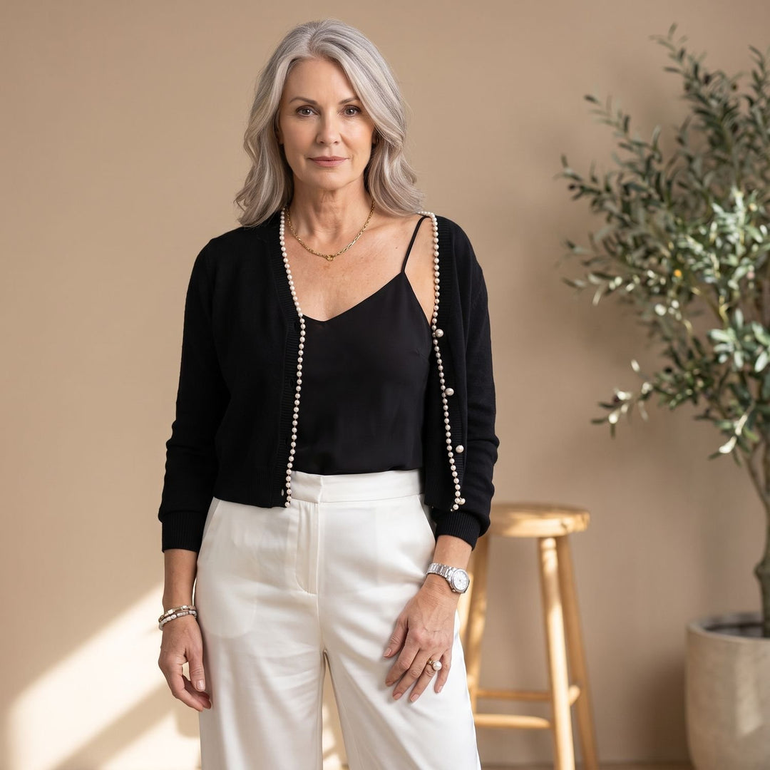 Women's Pearl-Trim Cropped Knit Cardigan