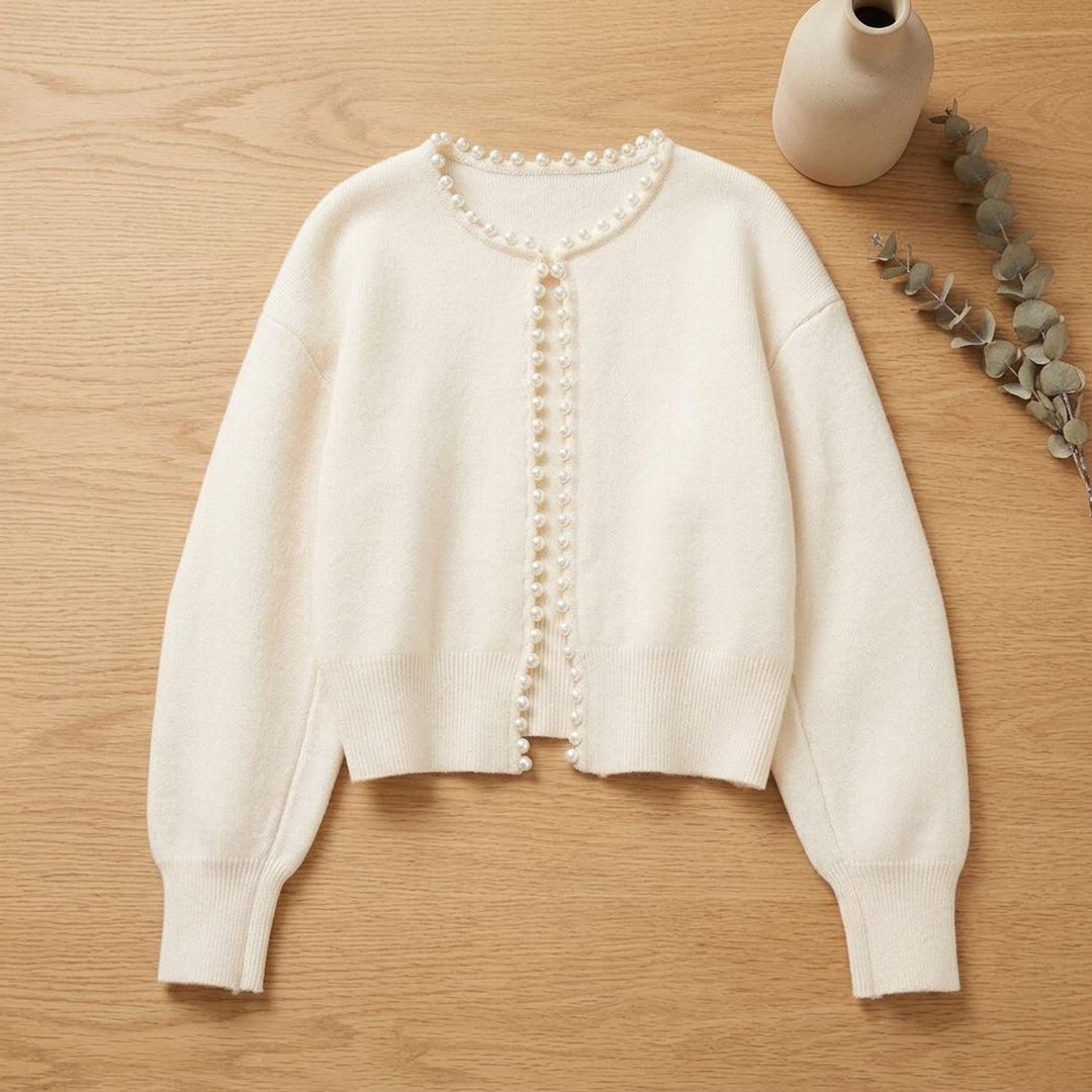 Women's Pearl-Trim Cropped Knit Cardigan - White