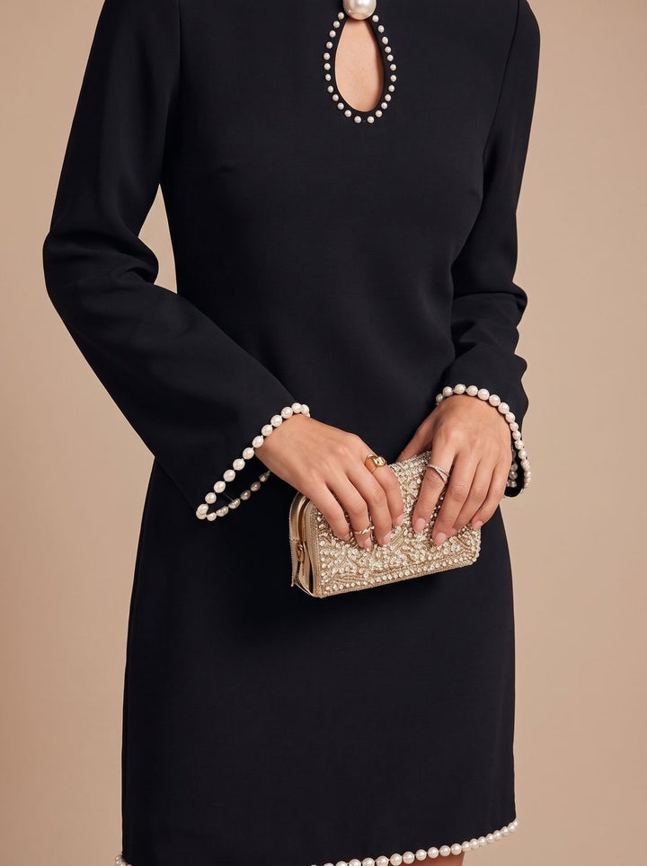 Women's Pearl-Trim Keyhole Long-Sleeve Mini Dress