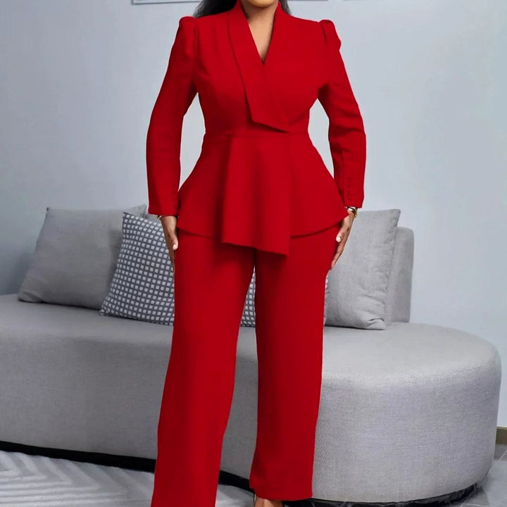 Women's Peplum Blazer Wide-Leg Pants Suit Set - Burgundy