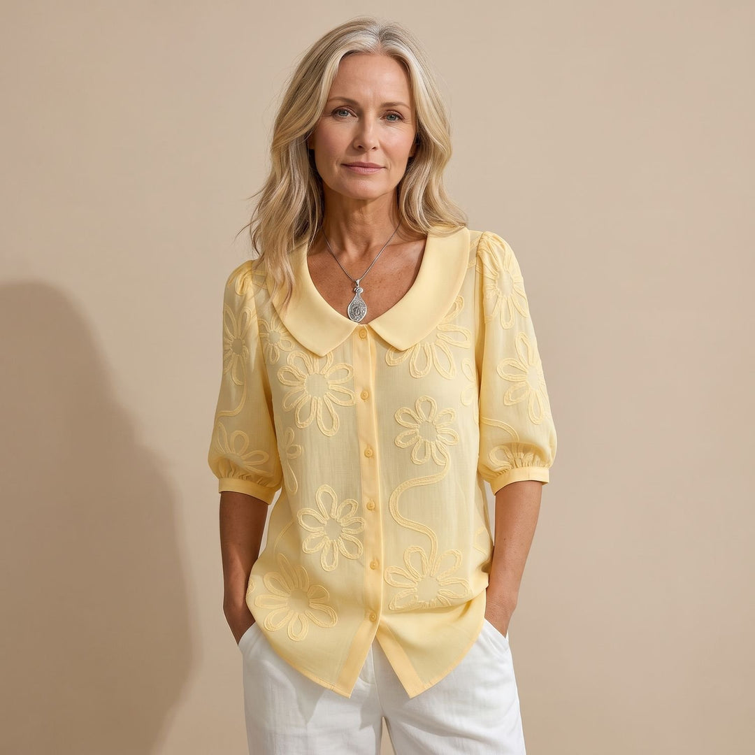 Women's Peter Pan Collar Floral Embroidered Button-Up Blouse - Yellow