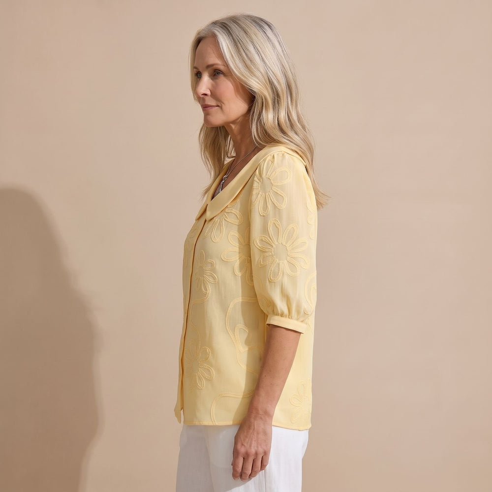 Women's Peter Pan Collar Floral Embroidered Button-Up Blouse