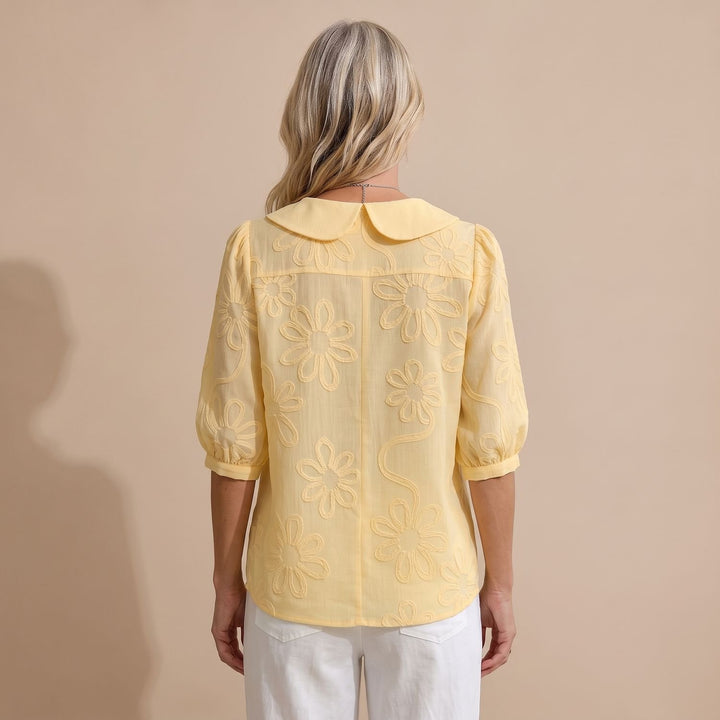 Women's Peter Pan Collar Floral Embroidered Button-Up Blouse