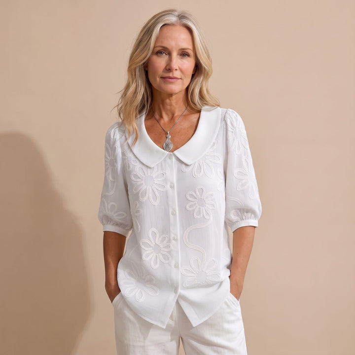 Women's Peter Pan Collar Floral Embroidered Button-Up Blouse - White