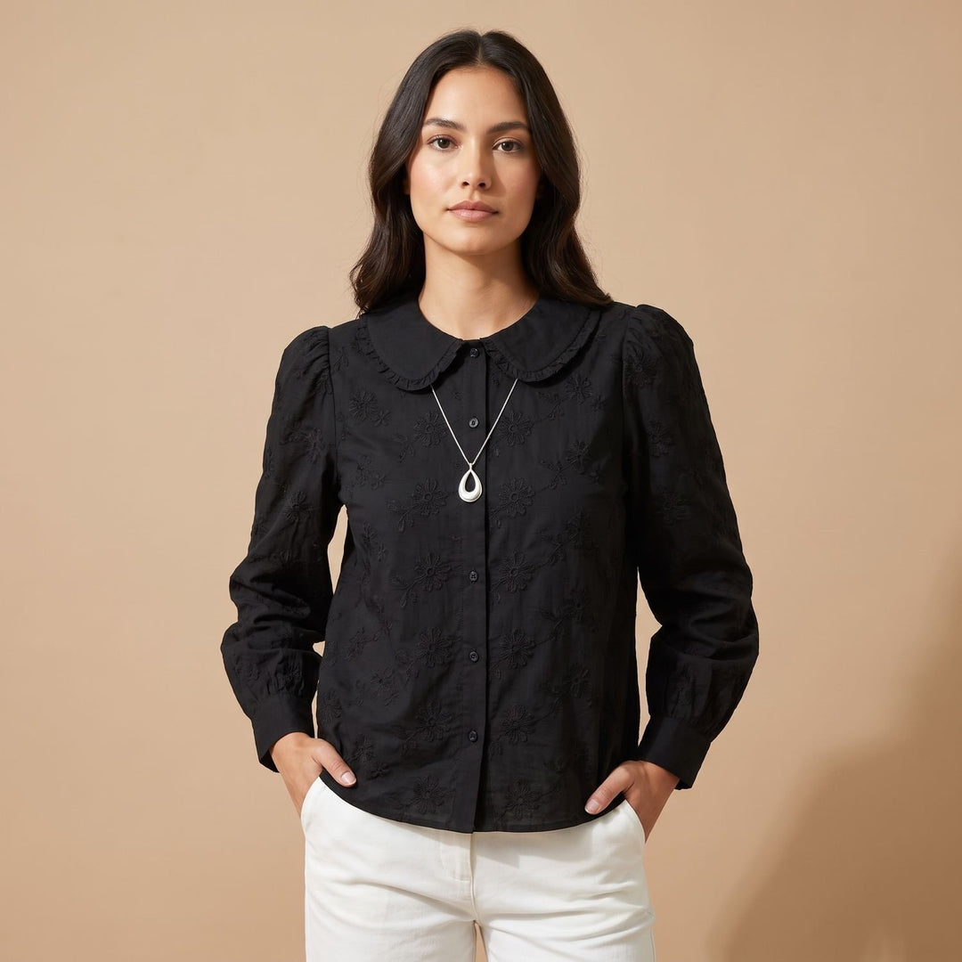 Women's Peter Pan Collar Floral Embroidered Button-Up Blouse - Black