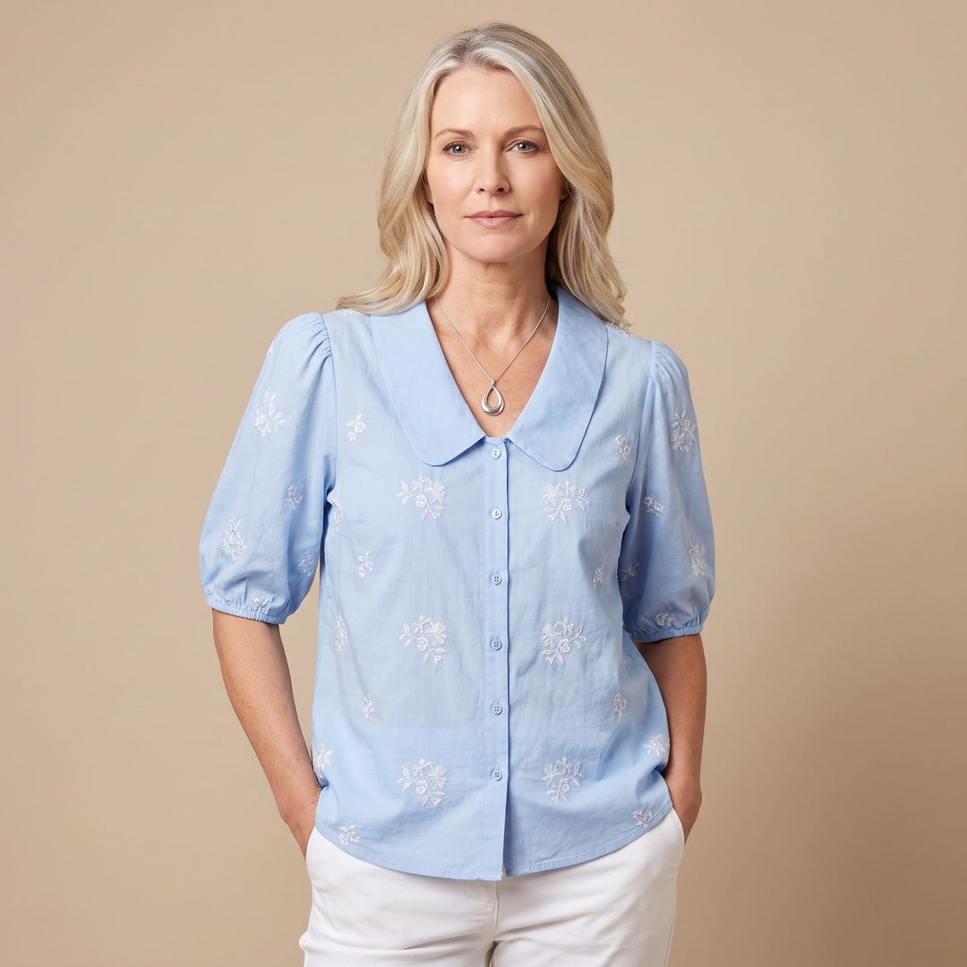 Women's Peter Pan Collar Floral Embroidered Button-Up Blouse - Blue