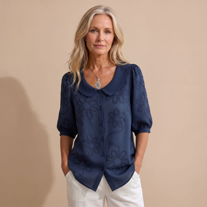 Women's Peter Pan Collar Floral Embroidered Button-Up Blouse - Navy Blue