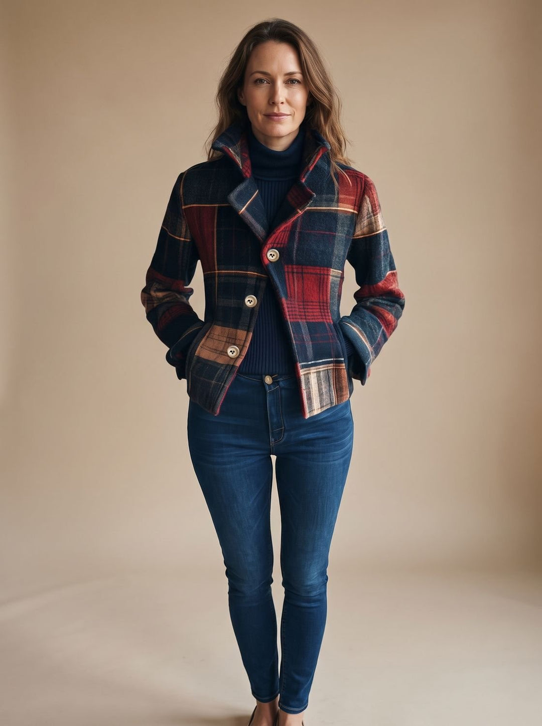 Women's Plaid Double-Button Cropped Winter Coat Jacket - Multicolored
