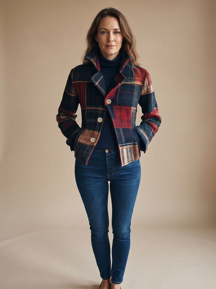 Women's Plaid Double-Button Cropped Winter Coat Jacket - Multicolored